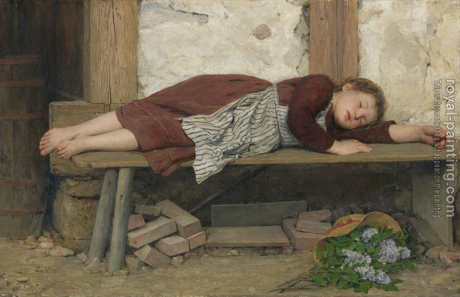 Albert Anker : Sleeping girl on a wooden bench